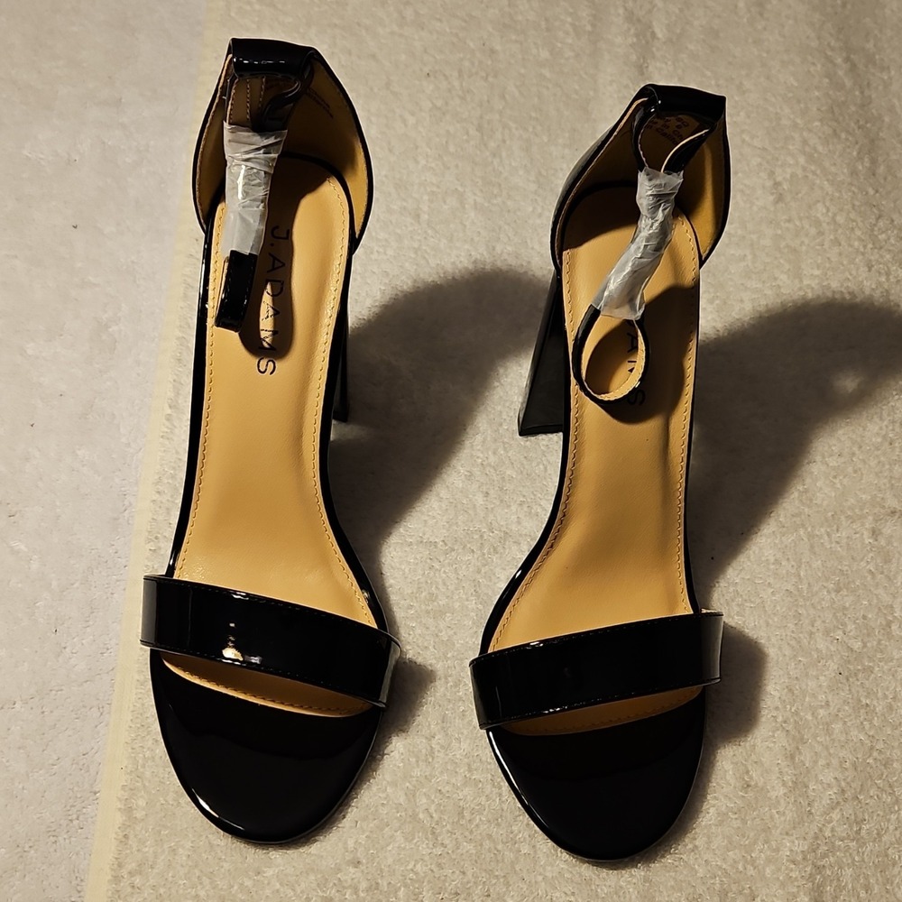 J. Adams Black Patent Strappy Block Heel Ankle Strap Open Toe Buckle‎ Size 9